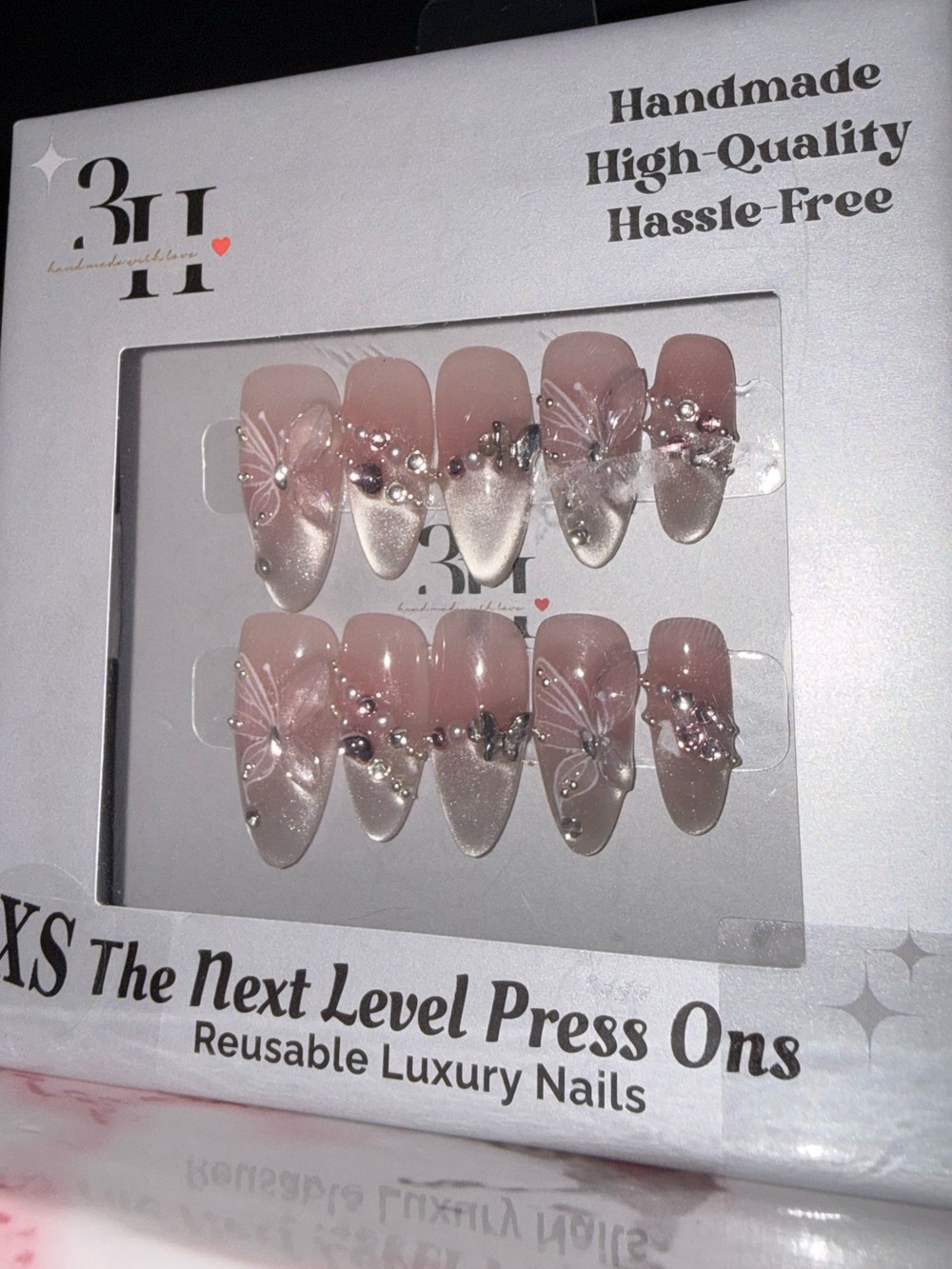 3H Handmade Pink Rhinestone Floral Press-On Nails
